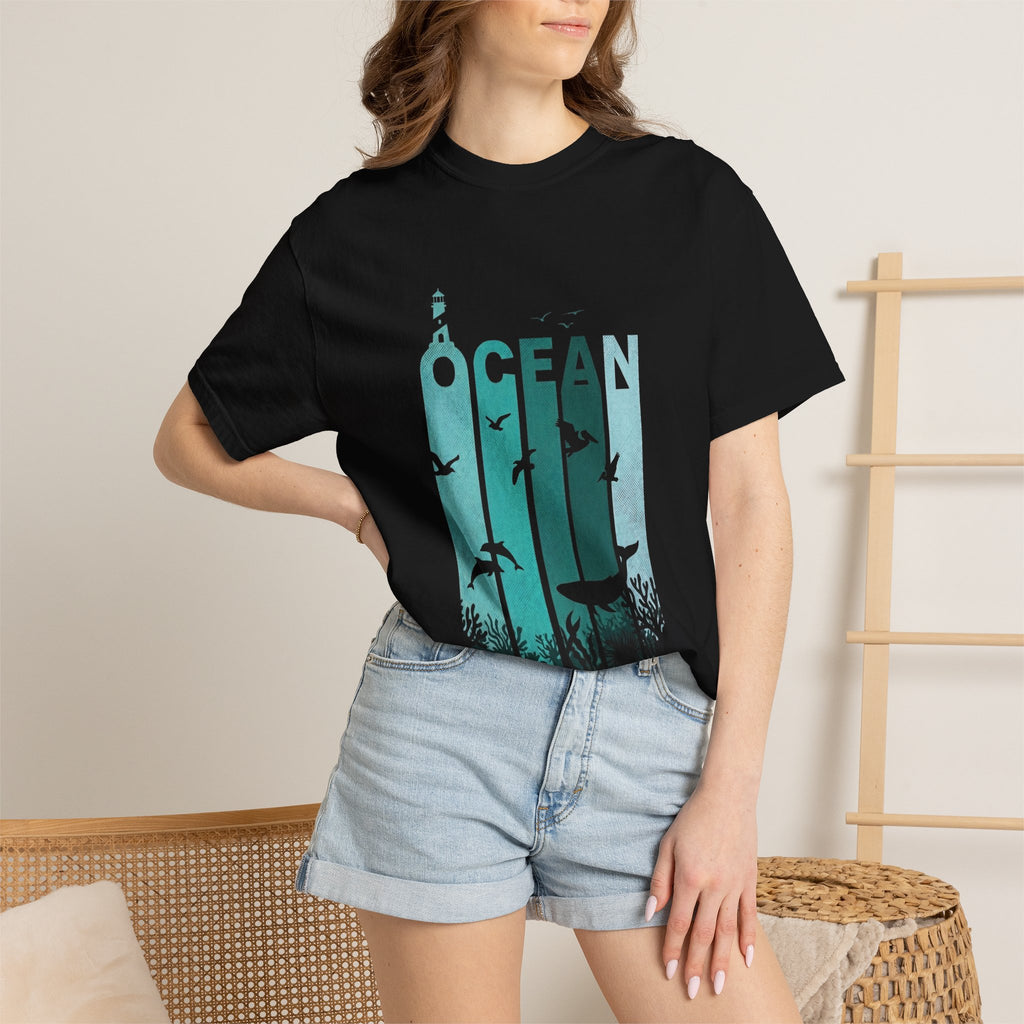 Ocean Wildlife Graphic T-Shirt — 'OCEAN' Lighthouse & Marine Life Design
