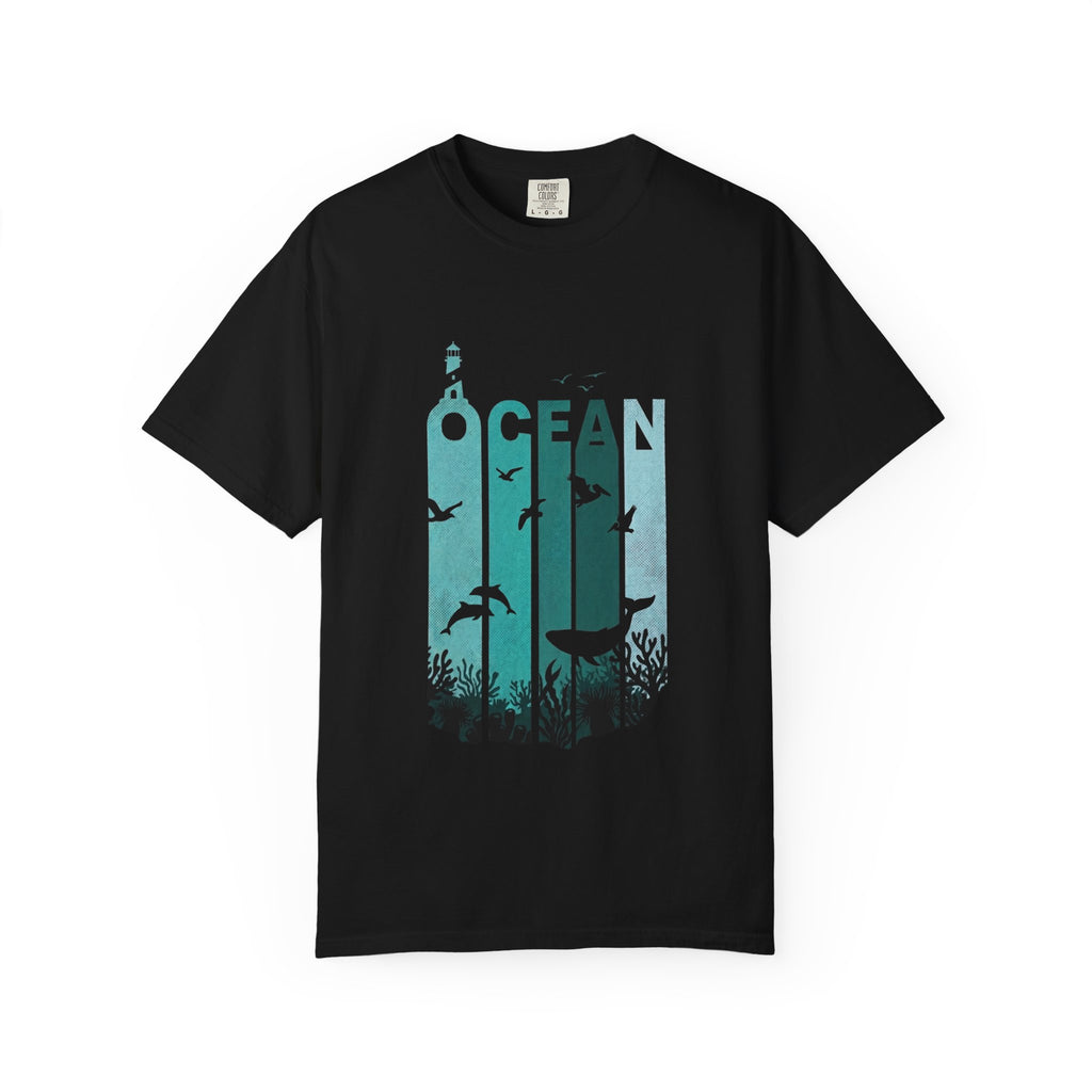 Ocean Wildlife Graphic T-Shirt — 'OCEAN' Lighthouse & Marine Life Design