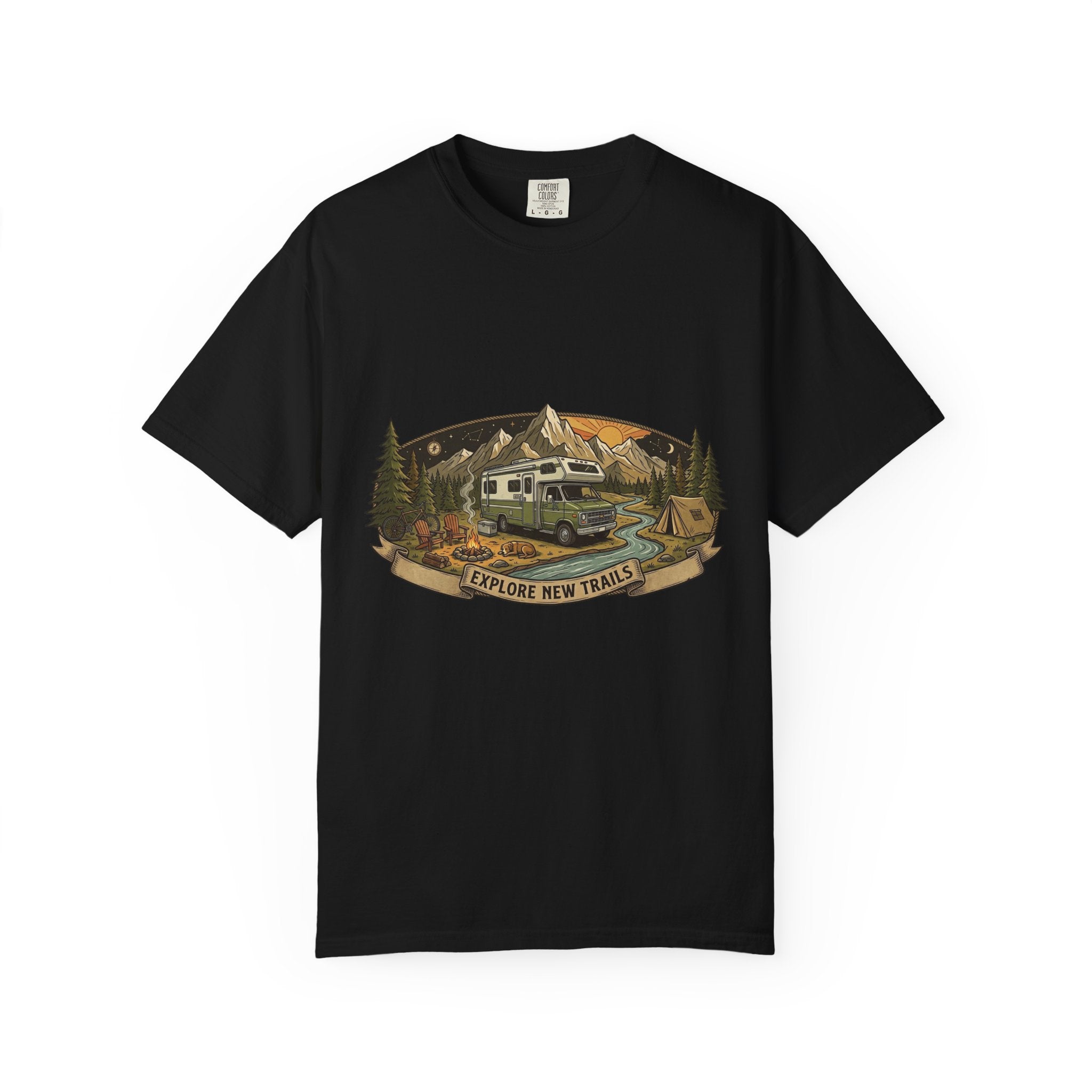 Explore New Trails RV Camper T-Shirt — Vintage Outdoor Adventure Tee