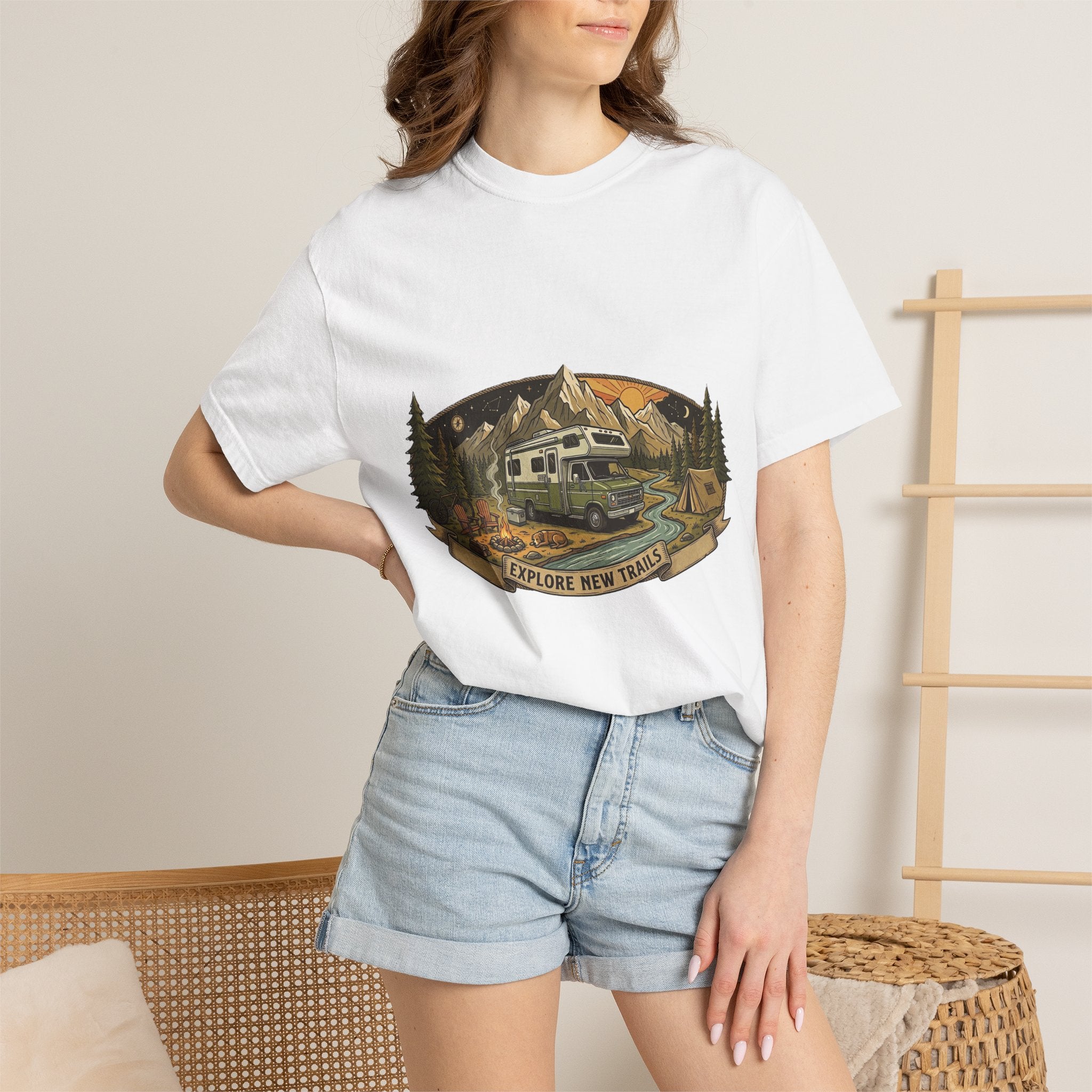 Explore New Trails RV Camper T-Shirt — Vintage Outdoor Adventure Tee
