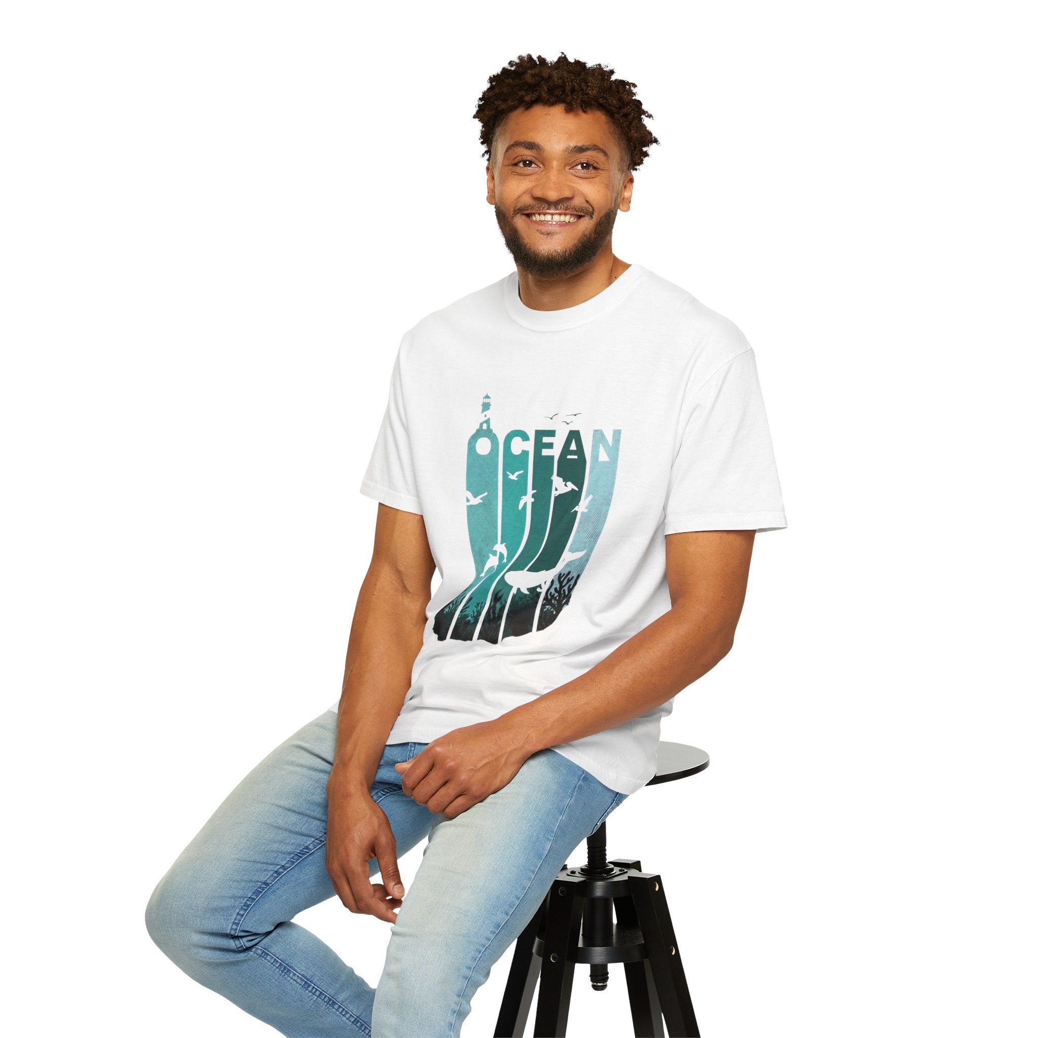 Ocean Wildlife Graphic T-Shirt — 'OCEAN' Lighthouse & Marine Life Design