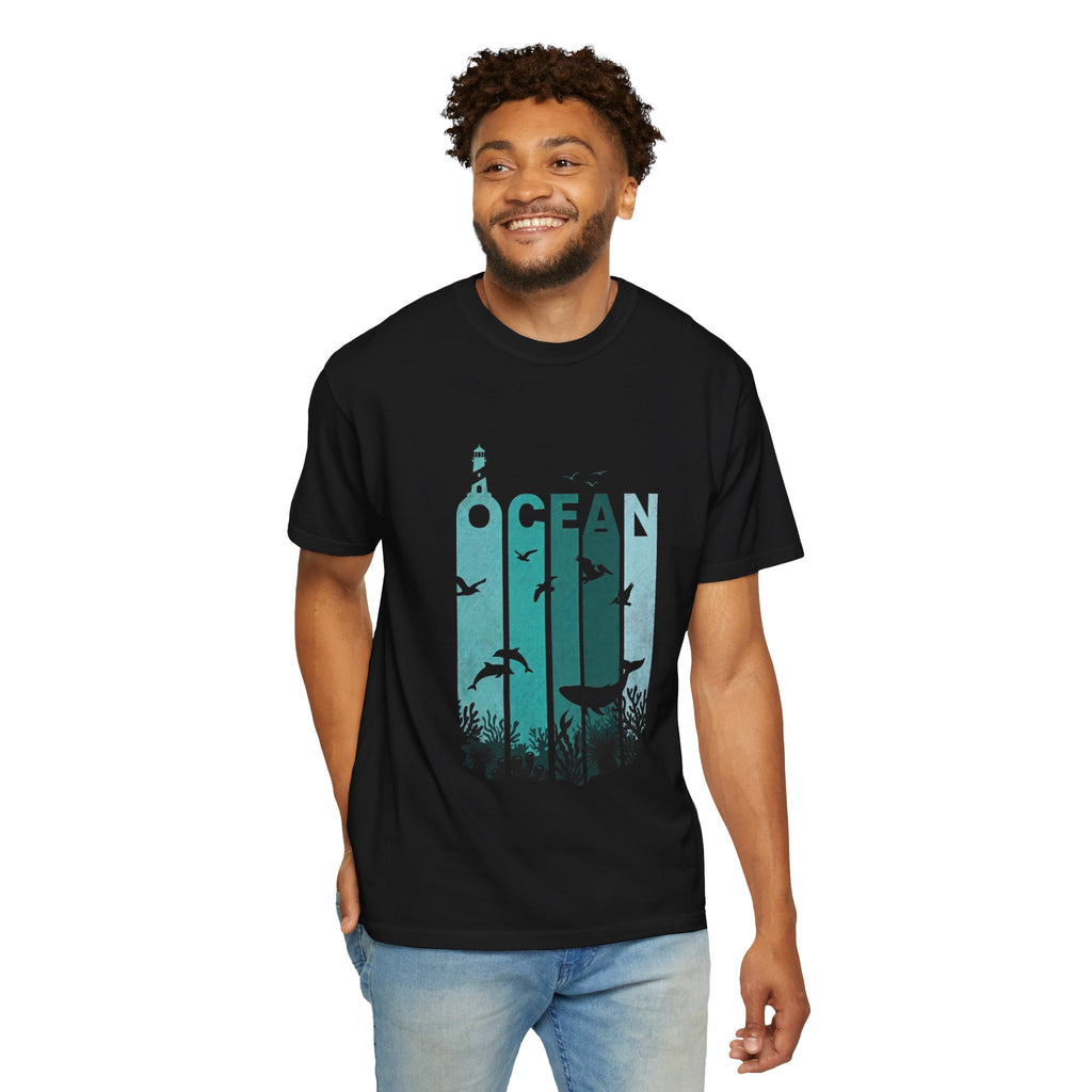 Ocean Wildlife Graphic T-Shirt — 'OCEAN' Lighthouse & Marine Life Design