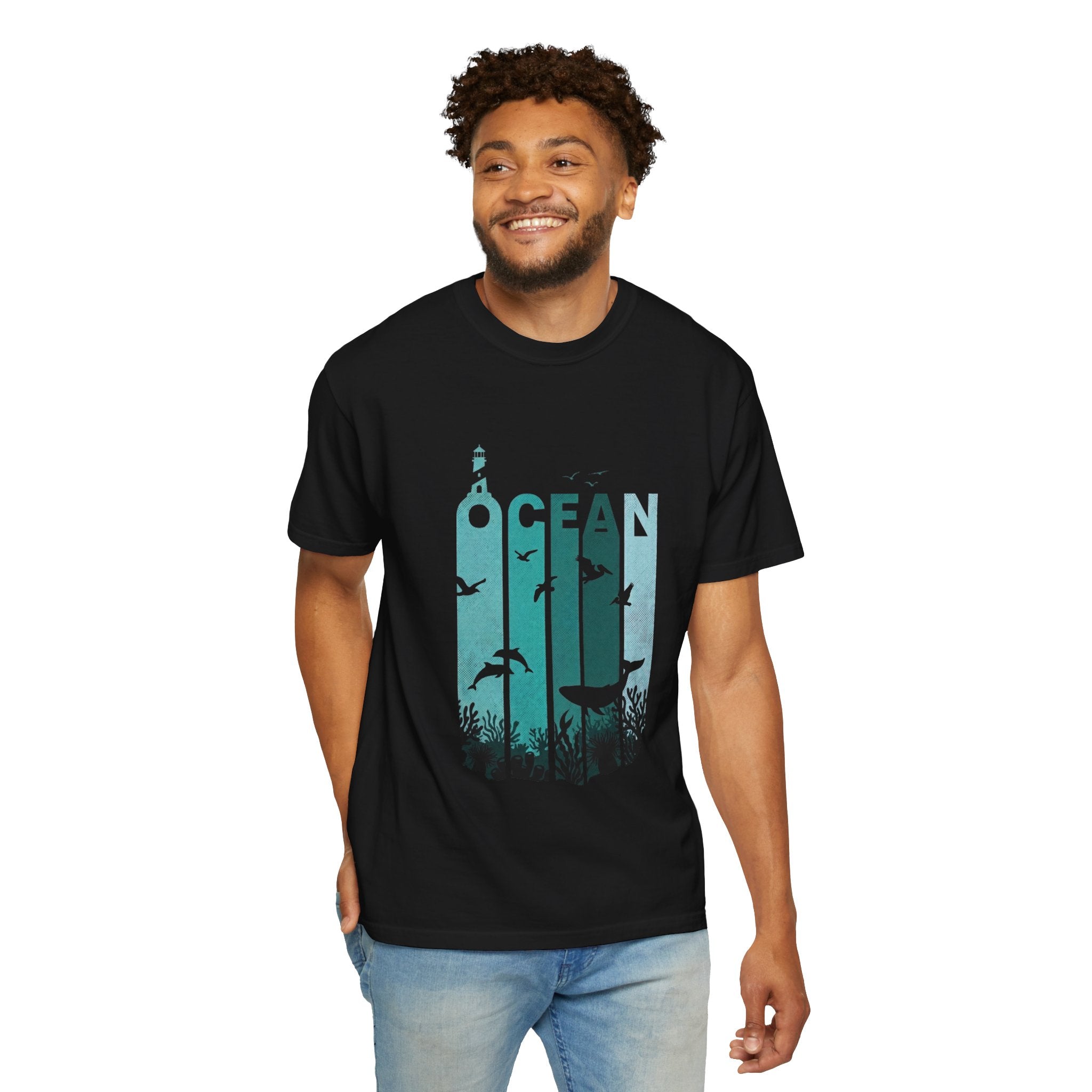 Ocean Wildlife Graphic T-Shirt — 'OCEAN' Lighthouse & Marine Life Design