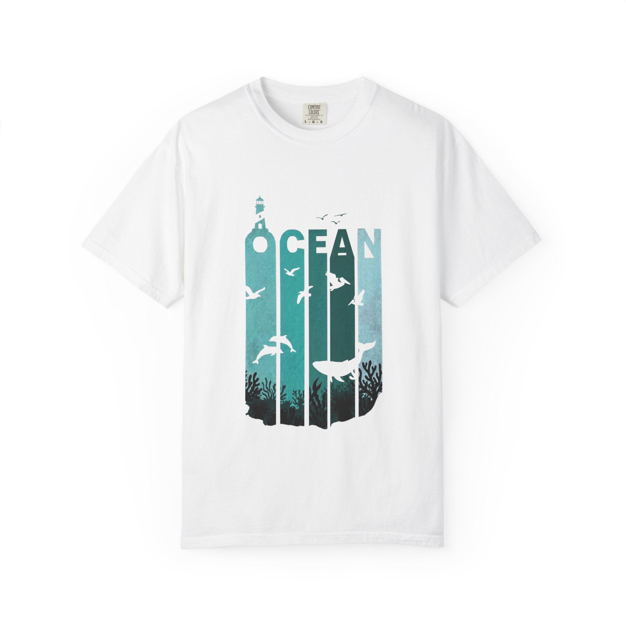 Ocean Wildlife Graphic T-Shirt — 'OCEAN' Lighthouse & Marine Life Design