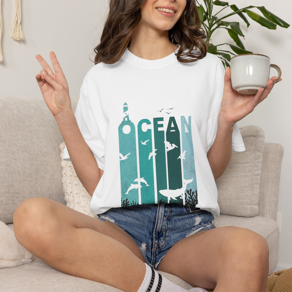 Ocean Wildlife Graphic T-Shirt — 'OCEAN' Lighthouse & Marine Life Design