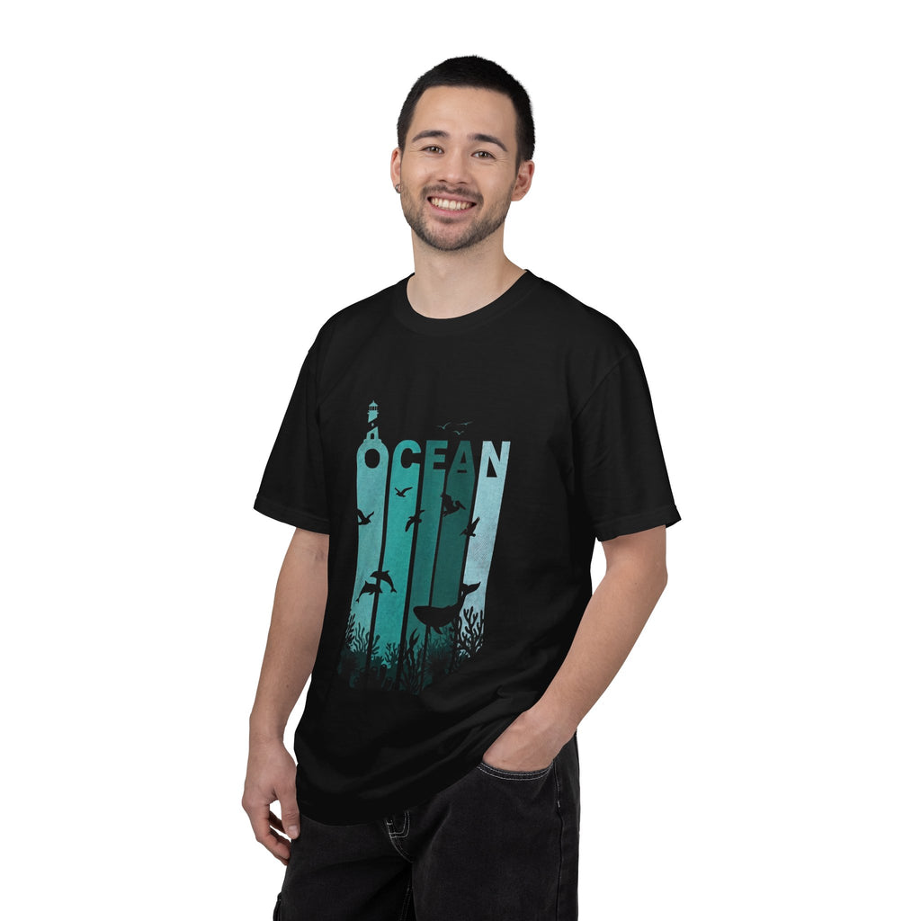 Ocean Wildlife Graphic T-Shirt — 'OCEAN' Lighthouse & Marine Life Design