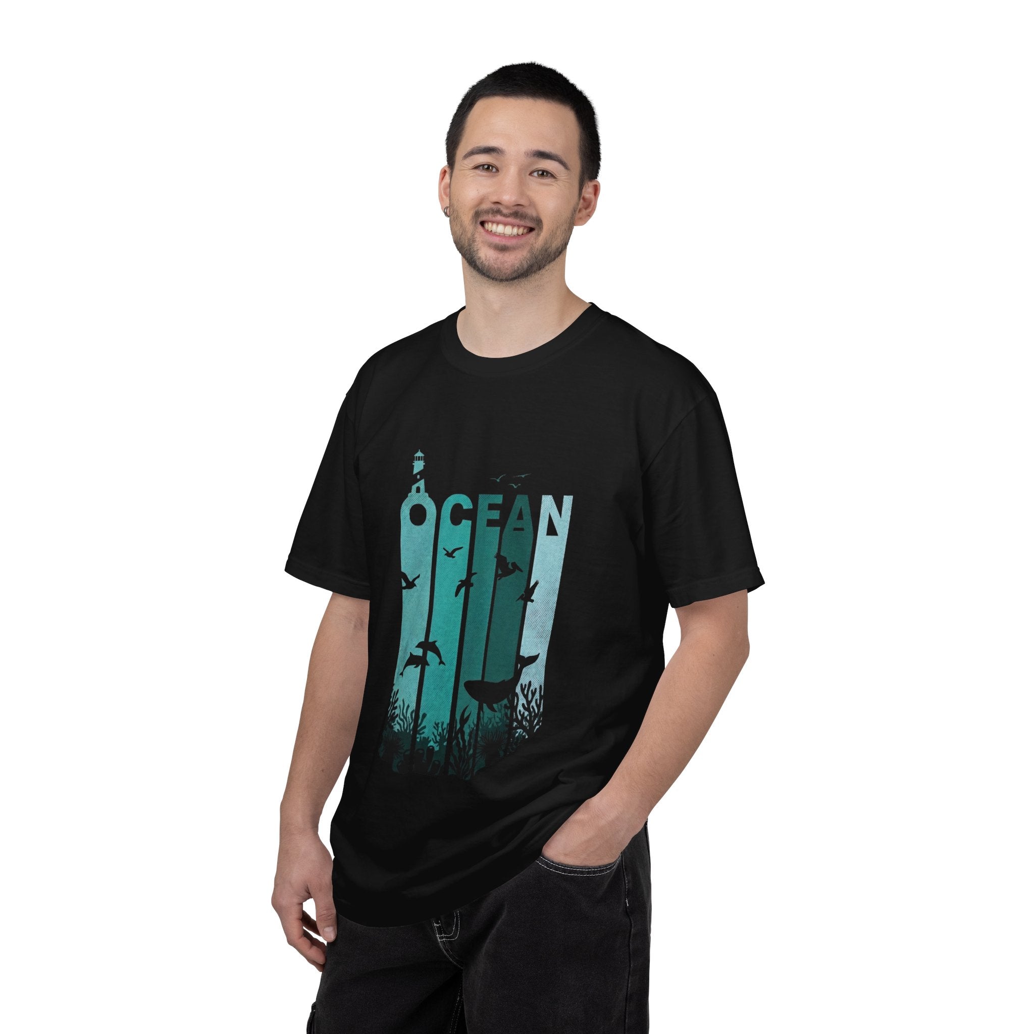Ocean Wildlife Graphic T-Shirt — 'OCEAN' Lighthouse & Marine Life Design