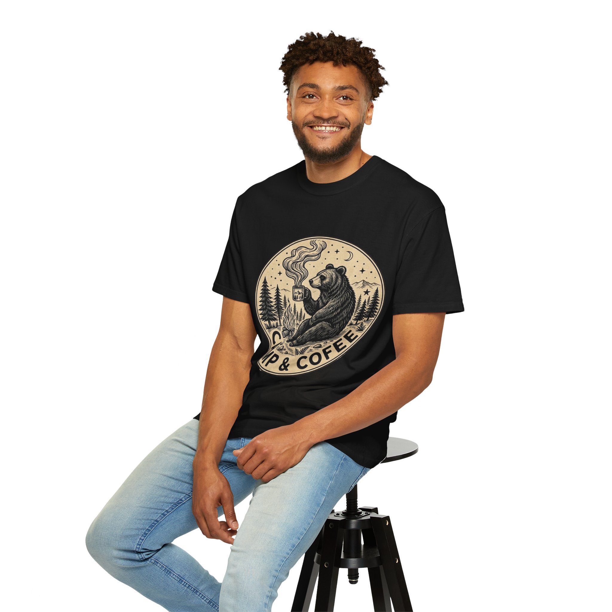 Camp & Coffee Bear T-Shirt — Camping Graphic Tee for Outdoors Lovers