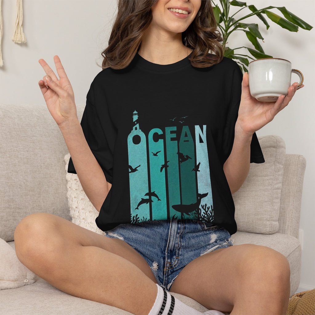Ocean Wildlife Graphic T-Shirt — 'OCEAN' Lighthouse & Marine Life Design