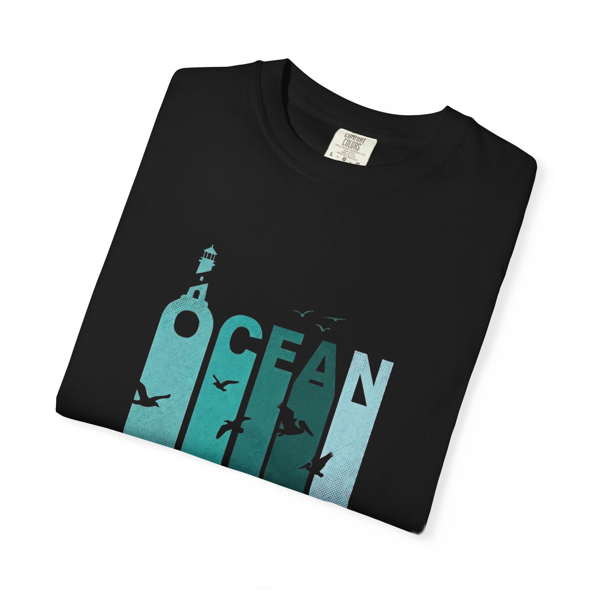 Ocean Wildlife Graphic T-Shirt — 'OCEAN' Lighthouse & Marine Life Design