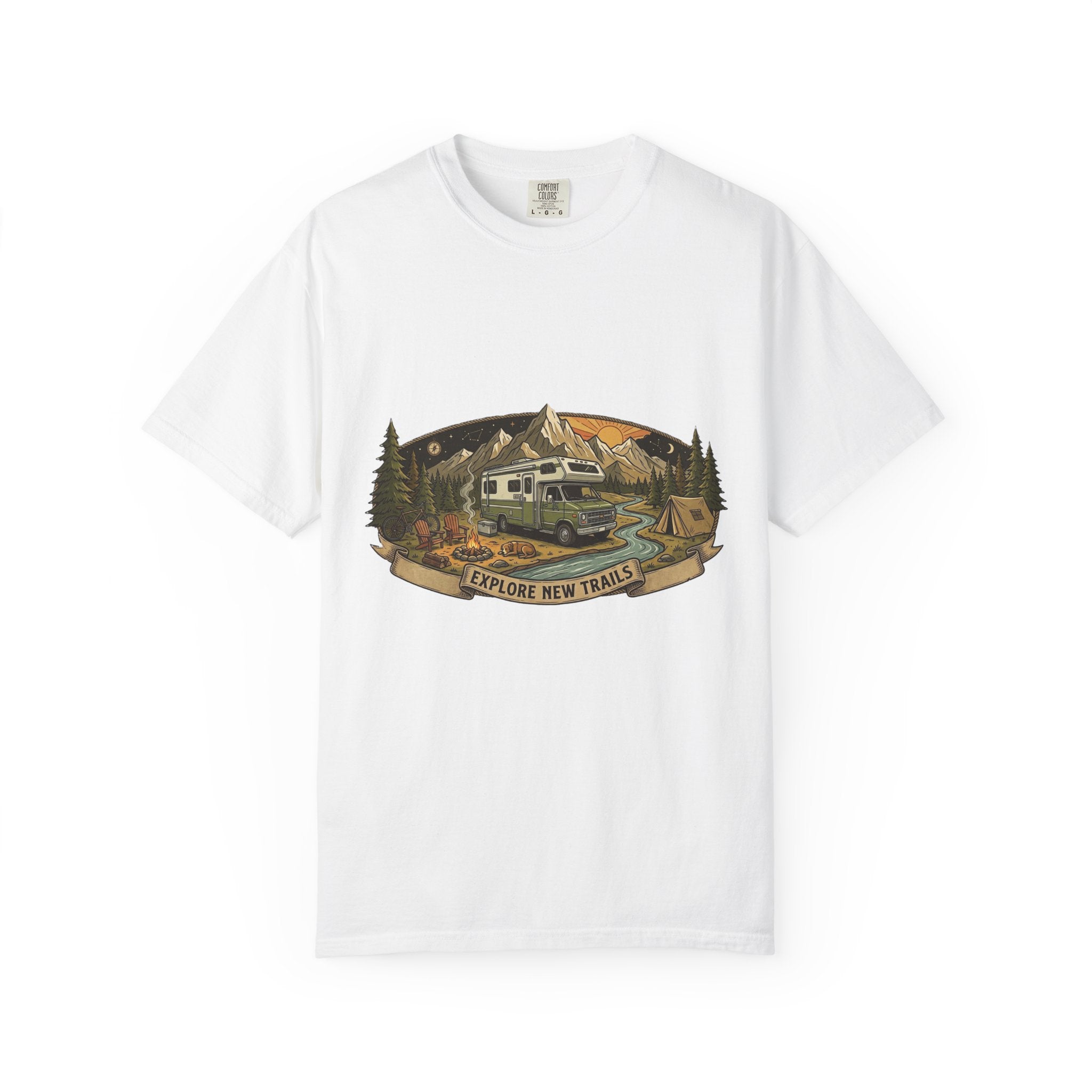 Explore New Trails RV Camper T-Shirt — Vintage Outdoor Adventure Tee