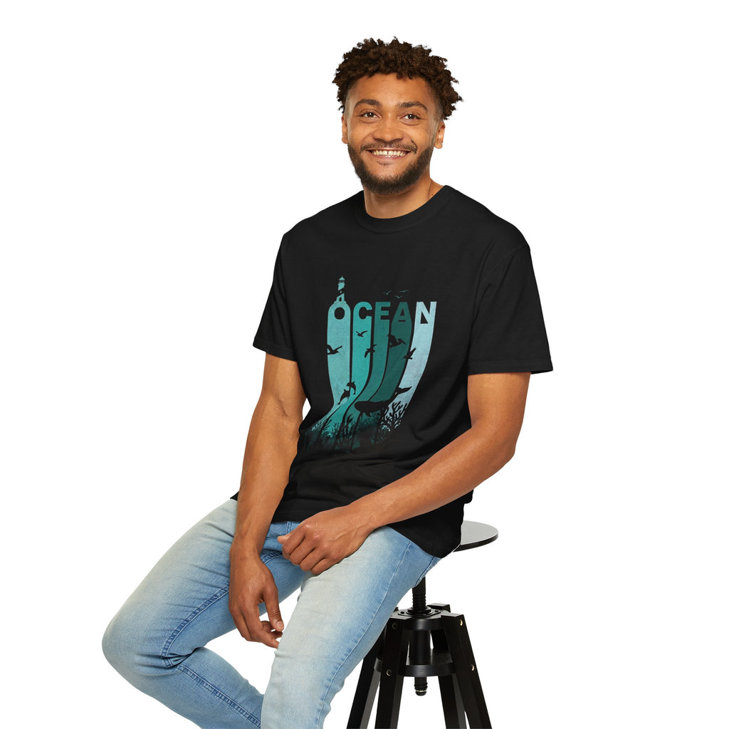 Ocean Wildlife Graphic T-Shirt — 'OCEAN' Lighthouse & Marine Life Design