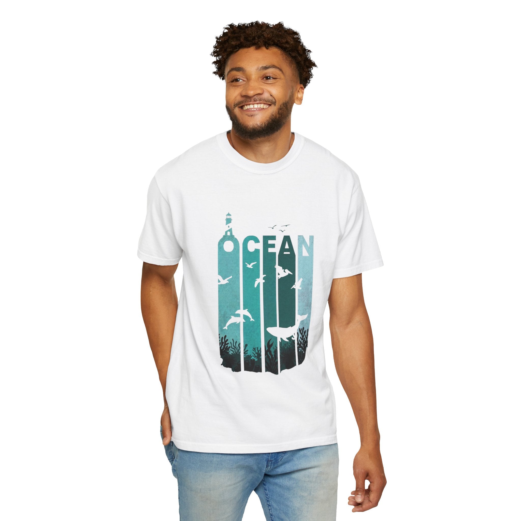 Ocean Wildlife Graphic T-Shirt — 'OCEAN' Lighthouse & Marine Life Design